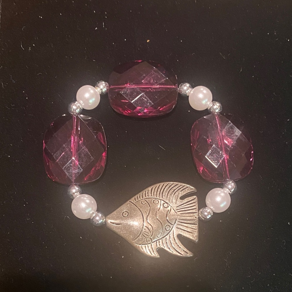 Purple, Pearl and Silver Fish Charm Bracelet
